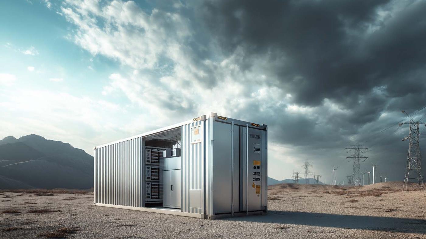 A standalone battery energy storage container under a stormy sky