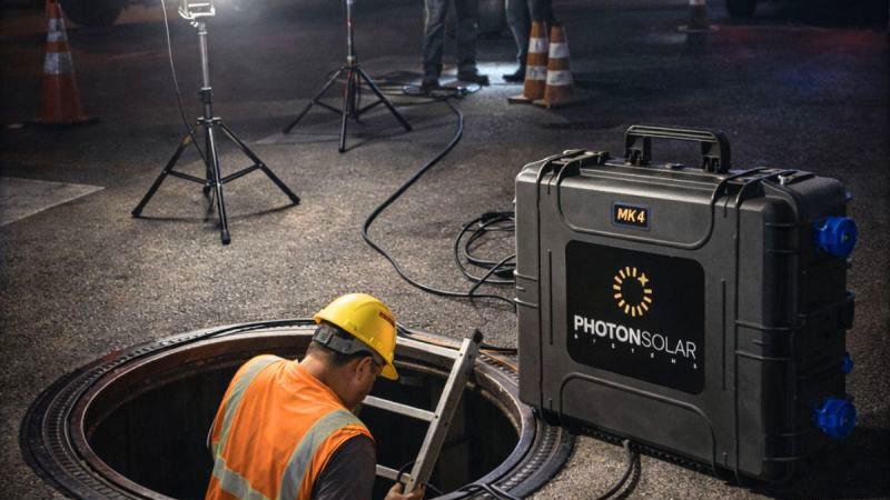 A portable Photon solar generator powering work lights at a night-time excavation