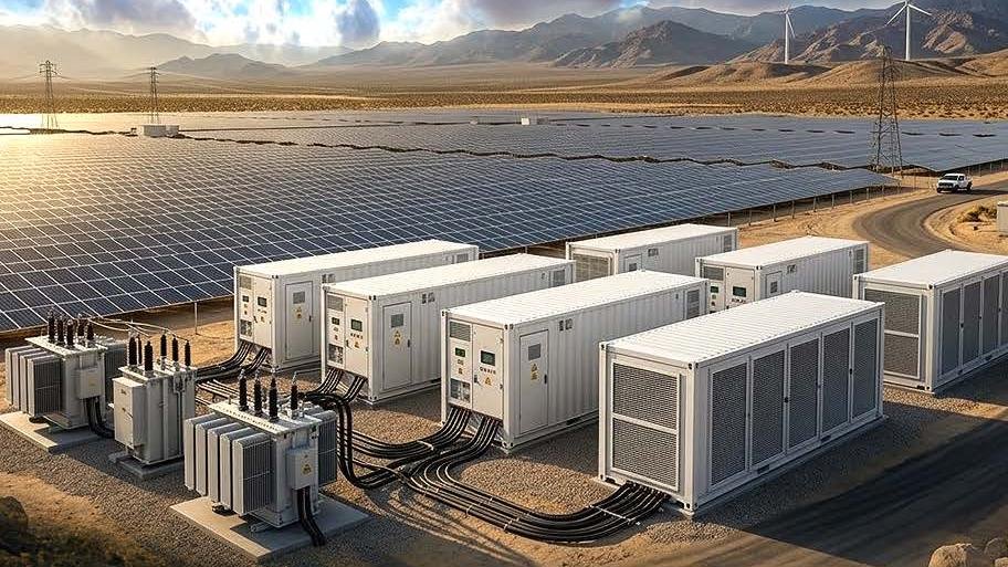 A utility-scale solar park with co-located battery containers