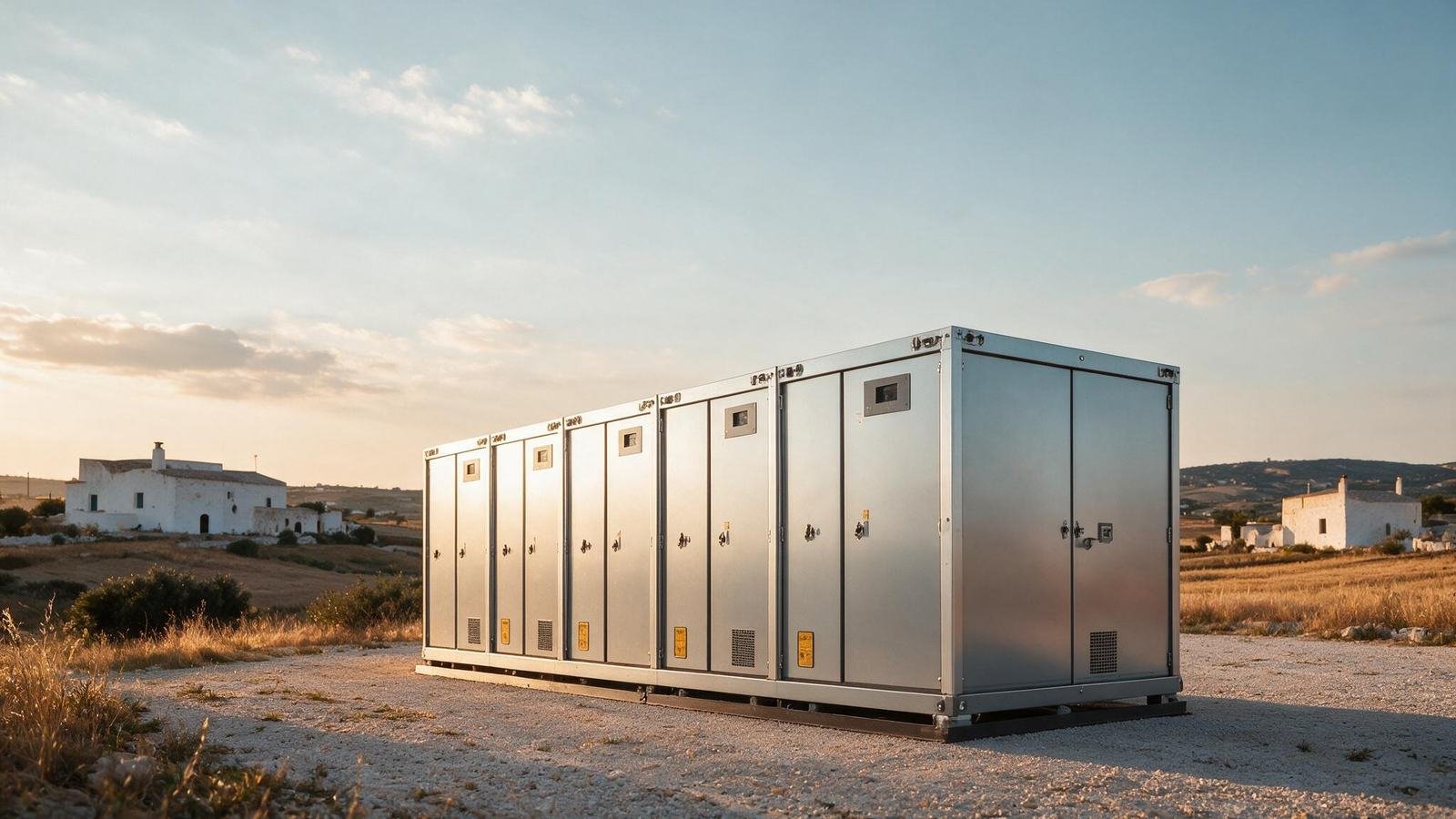 Battery storage containers at golden hour beside Apulian farmhouses